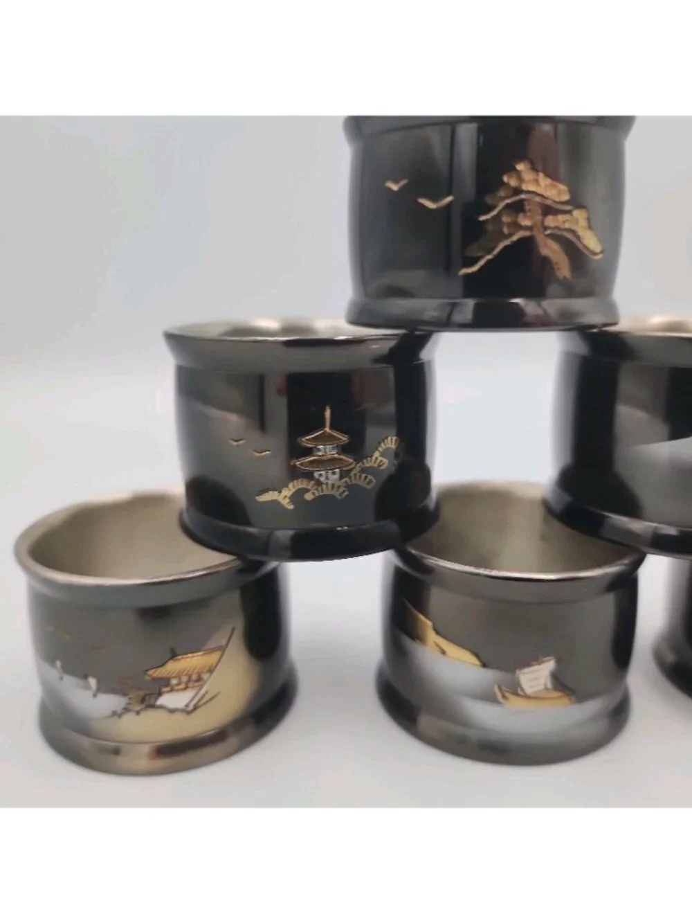 Vintage MCM Japanese Lacquer Pagoda Napkin Rings Set  6 hand painted gold Metal